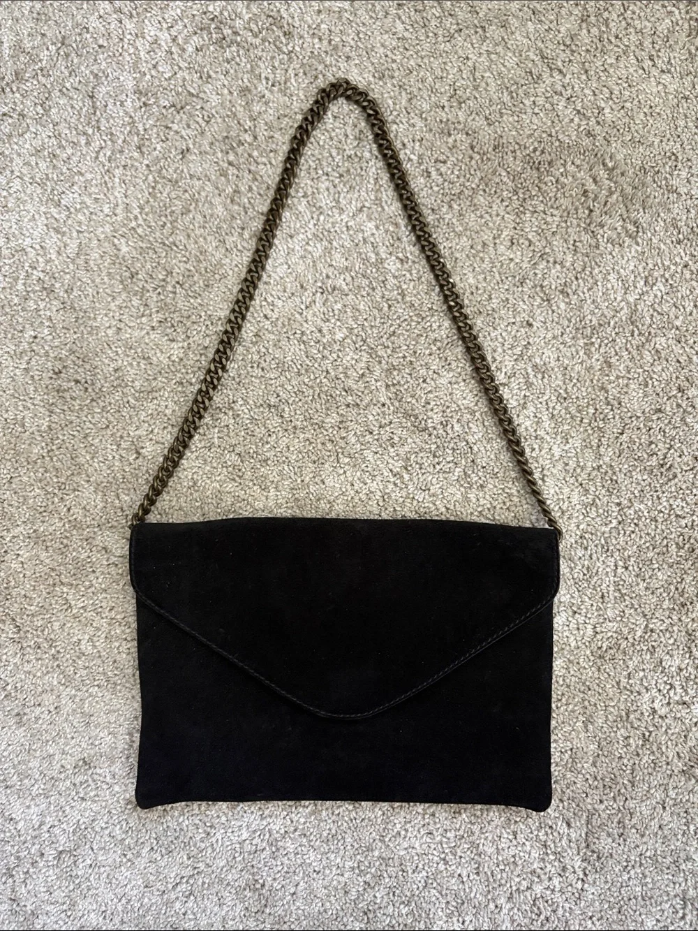 J. Crew Black Suede Envelope Clutch with Brass Chain Strap - Picture 1 of 3